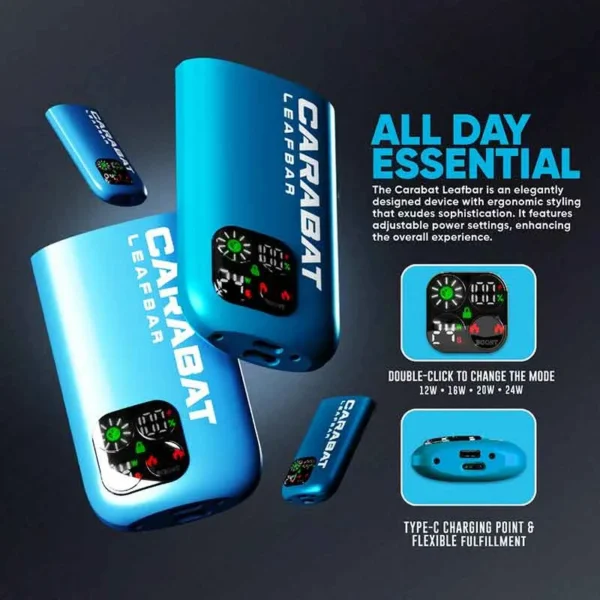 CARABAT LEAFBAR 15000 PUFFS (DEVICE BATTERY) DISPOSABKE POD - VAPE SINGAPORE STORE The CARABAT LEAFBAR 15000 PUFFS (DEVICE BATTERY) DISPOSABKE POD Ready stock in our sg singapore store online shop for same day delivery. Discover the all-new Carabat Leafbar, a cutting-edge closed pod system device from Vempire Malaysia. This innovative product is the first of its kind to feature adjustable voltage settings, ranging from a low 12W to a high 24W, ensuring a customized vaping experience. It include 1 device ONLY, to get started Carabat 15k before, you need purchases this product and Cartridge pod,When the cartridge is finish, simply replace it with a new cartridge, reusing the existing battery to save costs.  Constructed with premium aluminum, the Carabat Leafbar offers a high-quality feel and durability. The advanced built-in indicator keeps you informed of your liquid, battery, and voltage levels at a glance. DEVICE BATTERY Package Include : X1 15K Battery Device ONLY Specification : Puffs : 15000 E-Liquid Capacity : 15 ML Coil : Dual Mesh coil Resistance : 1.1 ohm Battery Capacity : 680 mAh Nicotine Strength : 5% Specification : Puffs : 15000 E-Liquid Capacity : 15 ML Coil : Dual Mesh coil Resistance : 1.1 ohm Battery Capacity : 680 mAh Nicotine Strength : 5% Available Color : Black Red Blue SG VAPE COD SAME DAY DELIVERY , CASH ON DELIVERY ONLY. TAKE BULK ORDER /MORE ORDER PLS CONTACT ME :  WhatsApp Us VIEW OUR DAILY NEWS INFORMATION : Telegram Channel
