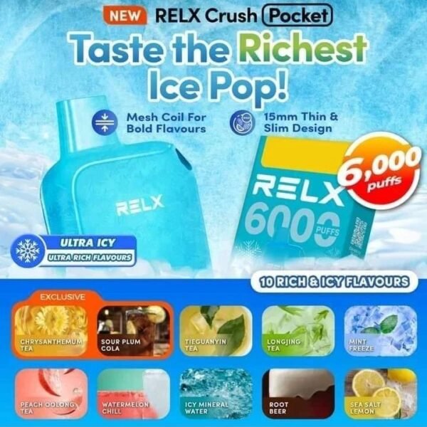 RELX CRUSH POCKET 6000 PUFFS DISPOSABLE POD - VAPE SINGAPORE STORE The RELX CRUSH POCKET 6000 PUFFS DISPOSABLE Ready stock in our sg singapore store online shop for same day delivery. This kit offers a refreshing summer experience with its subtle sweetness, strong cooling effect, and moderate richness RELX Pocket features a puff count of up to 6k puffs, an atomizer with a mech coil 2.0, powered by 10W. Equipped with a 470mAh battery, it reaches 80% charge in just 45 minutes. The vape industry faced challenges in maintaining flavor within icy blends. RELX's innovation now guarantees a lively, icy taste. Experience it for yourself and notice the distinction. Ultra icy, ultra rich. Specifition :  Puffs: 6000 Puff Nicotine Strength : 3% Charging Time : Roughly 30-45min Battery Capacity : Type-C Rechargeable Available Flavour : Mint Freeze Sour Plum Cola Watermelon Chill Sea Salt Lemon Icy Mineral Water Peach Oolong Tea Chrysanthemum Tea Rootbeer Tie Guan Yin Long Jing Tea Tangy Grape Triple Mango Creamy Tobacco Mocha Fresh Mint Orange Americano Sour Haw Flakes Grape Tie Guan Yin Sea Salt Lychee Sea Salt Mango Matcha Frappe SG VAPE COD SAME DAY DELIVERY , CASH ON DELIVERY ONLY. TAKE BULK ORDER /MORE ORDER PLS CONTACT ME :  WhatsApp Us VIEW OUR DAILY NEWS INFORMATION : Telegram Channel