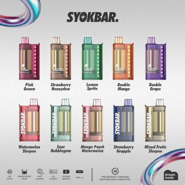 SYOKBAR 15000 PUFFS DISPOSABLE POD - VAPE SINGAPORE STORE The SYOKBAR 15000 PUFFS DISPOSABLE Ready stock in our sg singapore store online shop for same day delivery. Experience the first-ever disposable vape with a transparent tank, allowing you to easily view your liquid levels. This sleek and stylish device delivers powerful performance, featuring anti-leak technology and an LED display that shows battery life and liquid percentage. With Type-C fast charging, just an 8-minute charge will keep you vaping all day! While this device doesn’t have adjustable airflow, the factory settings are perfectly optimized for a smooth, satisfying vape every time. Try the Top 5 best seller flavour : Double Mango ,Sour Bubblegum ,Lemon Sprite ,Mixed Fruit Slurpee and Pink Guava. Specification : Puff : 15,000 Puffs Nicotine Strength : 5% Battery Capacity : 600 mAh Charging : Type C Fast Charging - (8 minute to last you the day) Available Flavour : Watermelon Slurpee Double Mango Mango Peach Watermelon Sour Apple Sour Plum Guava Sour Bubblegum Yacult Strawberry Kiwi Guava Watermelon Rybena Lychee Double Grape Sea Salt Lemon Strawberry Grapple Double Strawberry Lemon Sprite Mixed Fruit Slurpee Strawberry Honeydew Sunkiss Orange Pink Guava Apple Orange Strawberry SG VAPE COD SAME DAY DELIVERY , CASH ON DELIVERY ONLY. TAKE BULK ORDER /MORE ORDER PLS CONTACT ME :  WhatsApp Us VIEW OUR DAILY NEWS INFORMATION : Telegram Channel