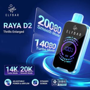 ELF BAR RAYA D2 20000 PUFFS DISPOSABLE POD - VAPE SINGAPORE STORE The ELF BAR RAYA D2 20000 PUFFS DISPOSABLE Ready stock in our sg singapore store online shop for same day delivery. The ElfBar RAYA D2 is a premium disposable vape designed for those seeking extended use and customizable vaping experiences. With a substantial 22ml e-liquid capacity and a rechargeable 800mAh battery, it offers up to 20,000 puffs in Smooth Mode and 14,000 puffs in Turbo Mode.  Key Features: Dual Vaping Modes: Switch between Smooth Mode for a mellow experience and Turbo Mode for intensified flavor and vapor production. Dual Mesh Coil Technology: Ensures consistent flavor and vapor with each puff. Dynamic Display: A vibrant screen displays battery life, puff count, and current mode settings.  Adjustable Power & Airflow: Customize your vaping experience to suit your preferences. Nicotine Strength: 5% (50mg/ml) for a satisfying nicotine hit. Specification: Puff : 20,000 Puffs Battery Capacity : 800 mAh Charging : Rechargeable with Type C Nicotine Strength : 5% Coil : Dual Mesh Coil Charging Time : Roughly 15 min Available Flavour : Melon Lychee Pink Guava Grape Lychee Grape Slurpee Pink Blackcurrant Mango Bubblegum Blackcurrant Berries Mango Mix Kiwi Guava Banana Vanilla Tobacco Hazelnut Coffee Popcorn Caramel Green Mint Strawberry Cream Cake SG VAPE COD SAME DAY DELIVERY , CASH ON DELIVERY ONLY. TAKE BULK ORDER /MORE ORDER PLS CONTACT ME :  WhatsApp Us VIEW OUR DAILY NEWS INFORMATION : Telegram Channel