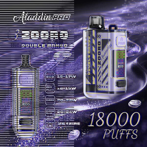 ALADDIN PRO ZOORO 18000 PUFFS DISPOSABLE POD - VAPE SINGAPORE STORE The Aladdin Pro Zooro 18000 Puffs Disposable Vape Ready stock in our sg singapore store online shop for same day delivery. Elevate your vaping journey with the Aladdin Zooro 18k Puffs, a next-generation disposable vape device designed for ultimate convenience, performance, and style. Featuring a massive 18,000 puffs, five customizable modes, and a range of exquisite flavors, this device is the perfect solution for vapers seeking variety and a long-lasting experience. With 18000 puffs, thisdevice offers unmatched longevity It's designed to accompany you throughextended vaping sessions, making it idealfor travel, work, or leisure. Customizable Modes for Every Mood: The Aladdin Pro Zooro boasts five advanced vaping modes: ECO Mode (16-17W): Perfect for those who prefer a subtle and smooth vape. ECO PLUS (18-19W): Strikes the balance between flavor and vapor production. TURBO (20-22W): Enhanced power for bold flavor and satisfying clouds. TURBO PLUS (23-24W): Delivers intense flavor and increased vapor density. TURBO S (25+FIRE): For maximum power and a robust vaping experience. Switch effortlessly between modes to suit your preferences, ensuring every puff is just the way you like it. Rechargeable Convenience Never worry about running out of battery. The Type-C rechargeable design ensures quick and reliable charging, keeping your device ready for use whenever you need it. Why Choose Aladdin Pro Zooro? High Puff Count: Ideal for long-term use without frequent replacements. Flavor Variety: Offers options to suit every craving and preference. Customizable Modes: Advanced technology to tailor your vaping experience. Rechargeable Design: Eco-friendly and economical, ensuring zero waste. All-in-One Solution: Comes with two prefilled flavors and a starter kit in one package. HowtoUse Unbox Your Kit: Includes the starter device and two prefilled pods. Choose Your Mode: Select your desired mode for the optimal experience. Enjoy the Flavors: Start vaping to experience rich and consistent flavors. Recharge as Needed: Use the Type-C port for quick and efficient charging. Available Flavour : Berries Yogurt Double Grape Double Honeydew Double Mango Double Mango Yogurt Funta Grape Grape Slurpee Kiwi Mango Watermelon Mango Slurpee Popcorn Caramel Sour Bubblegum Strawberry Blackcurrant Strawberry Cheese Cake Strawberry Vanilla Taro Yam SG VAPE COD SAME DAY DELIVERY , CASH ON DELIVERY ONLY. TAKE BULK ORDER /MORE ORDER PLS CONTACT SELLER :  WhatsApp Us