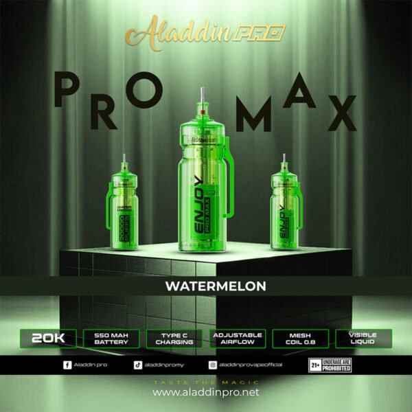 ALADDIN PRO MAX 20000 PUFFS DISPOSABLE POD - VAPE SINGAPORE STORE The Aladdin Pro Max 20000 Puffs Disposable Vape Ready stock in our sg singapore store online shop for same day delivery. What truly sets the Enjoy Pro Max 20000 apart is its focus on longevity and ease of use. With its large e-liquid capacity and 20, 000 puff lifespan, this disposable vape is ideal for heavy vapers or anyone who wants a device that can last for weeks without needing to be replaced or refilled. Combined with its mesh coil technology and adjustable airflow, users can enjoy rich, satisfying flavours from the first puff to the last. Additionally, the Enjoy ProMax 20000 is perfect for vapers who value convenience. Its compact size, draw-activated function, and rapid charging capabilities make it an excellent choice for those with busy lifestyles. Whether you’re commuting, travelling, or simply prefer a hassle-free vaping experience, the Enjoy Pro Max is the ultimate companion. Specifications: Puff : 20,000 Puffs Battery : 600mAh Capacity : 25ml Adjustable airflow Mesh coil Charging : Rechargeable with Type C Available Flavour : Cappuccino Double Grape Double Mango Candy Grape Slurpee Grape Bubblegum Mango Bubblegum Sour Bubblegum Strawberry Blackcurrant Strawberry Bubblegum Taro Yam SG VAPE COD SAME DAY DELIVERY , CASH ON DELIVERY ONLY. TAKE BULK ORDER /MORE ORDER PLS CONTACT SELLER :  WhatsApp Us