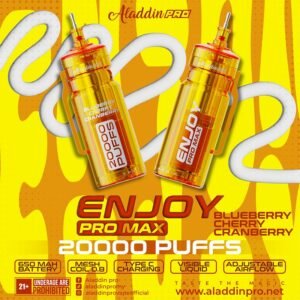 ALADDIN PRO MAX 20000 PUFFS DISPOSABLE POD - VAPE SINGAPORE STORE The Aladdin Pro Max 20000 Puffs Disposable Vape Ready stock in our sg singapore store online shop for same day delivery. What truly sets the Enjoy Pro Max 20000 apart is its focus on longevity and ease of use. With its large e-liquid capacity and 20, 000 puff lifespan, this disposable vape is ideal for heavy vapers or anyone who wants a device that can last for weeks without needing to be replaced or refilled. Combined with its mesh coil technology and adjustable airflow, users can enjoy rich, satisfying flavours from the first puff to the last. Additionally, the Enjoy ProMax 20000 is perfect for vapers who value convenience. Its compact size, draw-activated function, and rapid charging capabilities make it an excellent choice for those with busy lifestyles. Whether you’re commuting, travelling, or simply prefer a hassle-free vaping experience, the Enjoy Pro Max is the ultimate companion. Specifications: Puff : 20,000 Puffs Battery : 600mAh Capacity : 25ml Adjustable airflow Mesh coil Charging : Rechargeable with Type C Available Flavour : Cappuccino Double Grape Double Mango Candy Grape Slurpee Grape Bubblegum Mango Bubblegum Sour Bubblegum Strawberry Blackcurrant Strawberry Bubblegum Taro Yam SG VAPE COD SAME DAY DELIVERY , CASH ON DELIVERY ONLY. TAKE BULK ORDER /MORE ORDER PLS CONTACT SELLER :  WhatsApp Us