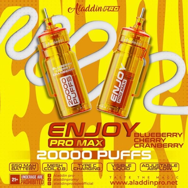 ALADDIN PRO MAX 20000 PUFFS DISPOSABLE POD - VAPE SINGAPORE STORE The Aladdin Pro Max 20000 Puffs Disposable Vape Ready stock in our sg singapore store online shop for same day delivery. What truly sets the Enjoy Pro Max 20000 apart is its focus on longevity and ease of use. With its large e-liquid capacity and 20, 000 puff lifespan, this disposable vape is ideal for heavy vapers or anyone who wants a device that can last for weeks without needing to be replaced or refilled. Combined with its mesh coil technology and adjustable airflow, users can enjoy rich, satisfying flavours from the first puff to the last. Additionally, the Enjoy ProMax 20000 is perfect for vapers who value convenience. Its compact size, draw-activated function, and rapid charging capabilities make it an excellent choice for those with busy lifestyles. Whether you’re commuting, travelling, or simply prefer a hassle-free vaping experience, the Enjoy Pro Max is the ultimate companion. Specifications: Puff : 20,000 Puffs Battery : 600mAh Capacity : 25ml Adjustable airflow Mesh coil Charging : Rechargeable with Type C Available Flavour : Cappuccino Double Grape Double Mango Candy Grape Slurpee Grape Bubblegum Mango Bubblegum Sour Bubblegum Strawberry Blackcurrant Strawberry Bubblegum Taro Yam SG VAPE COD SAME DAY DELIVERY , CASH ON DELIVERY ONLY. TAKE BULK ORDER /MORE ORDER PLS CONTACT SELLER :  WhatsApp Us
