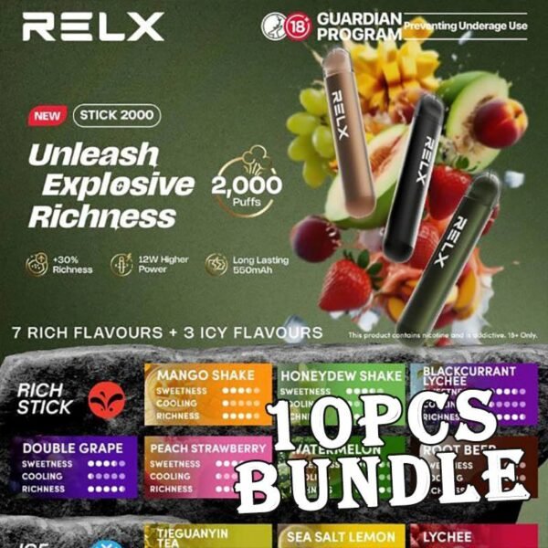 10pcs Relx Stick 2000 Puffs Disposable Vape Bundle – Singapore Sales & Free Delivery Bulk Savings, Fast Delivery – The Perfect Relx Stick Vape Bundle in Singapore Looking for a budget-friendly way to stock up on your favourite disposable vapes? Get this 10pcs Relx Stick 2000 Puffs Disposable Vape Bundle at an unbeatable price, now with free islandwide delivery in Singapore! Relx Stick 2000 Specification : Puff Count: Up to 2000 Puffs Battery Capacity: 550mAh (non-rechargeable) Output Power: 12W high-performance output Flavor Enhancement: 30% richer flavour delivery Bundle Package Include : ✅ 10pcs Flavours with amazing price ✅ Free Delivery Within Singapore Area 📦 Order Today – Enjoy Fast & Free Delivery in Singapore! Don’t miss out on this value-packed 10 pcs Relx Stick 2000 Bundle. Whether you’re stocking up or sharing with friends, this deal is a no-brainer. Order now and get FREE same-day delivery in SG. Want something with more puffs? Explore our : ✅ Relx Stick 2000 collection ✅ Relx Series collection ✅ Puff Count colletion 💬 Buying More? Bulk Orders Welcome! Message the seller directly via [WhatsApp Us] for faster arrangement. 📲 Don’t Miss Out! Get daily product news and promo updates — [Join Our Telegram Channel].