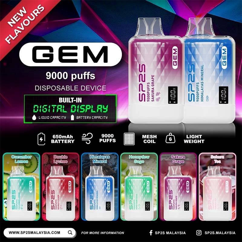 SP2S GEM 9000 Puffs Disposable – Singapore Ready Stock | SG VAPE ON Why Choose SP2S GEM 9000 Disposable? The SP2S GEM 9000 Puffs Disposable Vape is a top choice for vapers in Singapore who want performance and convenience. Designed by Nextgen, it combines a digital display screen, mesh coil, and a 650mAh rechargeable battery with Type-C charging. With 9000 puffs and over 20 flavour options, it’s perfect for both casual and experienced vapers. ✅ 9000 puffs for long-lasting sessions ✅ Mesh coil for richer flavour and smoother hits ✅ Rechargeable 650mAh battery with Type-C charging ✅ Digital display showing battery & e-liquid level ✅ Compact, stylish, and easy to carry Specifications : Puff Count: Approx. 9000 Coil Type: Mesh Coil Battery: 650mAh Rechargeable Charging Port: Type-C Fast Charging Screen: Digital Display for Battery & E-liquid Available Flavours : Apple Cider Twist Aloe Honey Blackcurrant Candy Banana Smoothie Frosty Strawberry Icy Mint Jasmine Green Tea Kim Quat Lemon Melon Crush Peach Fizzy Tea Guan Yin Tangy Kiwi Himalaya Mineral Honeydew Sago Sakura Grape Himalaya Jasmine Tea Himalaya Tea Guan Yin Sakura Tea Double Lychee Cucumber Lemon Why Vapers in Singapore Love SP2S GEM 9000 🚚 Fast Same-Day Delivery Available in Singapore 🔋 Rechargeable with Type-C for convenience 💨 Smooth airflow with mesh coil technology 📦 Wide flavour selection (20+ options) 🔒 100% authentic Nextgen disposable vape Frequently Asked Questions (FAQs) 1. How many puffs does SP2S GEM 9000 provide? Each device offers up to 9000 puffs, depending on usage. 2. Is SP2S GEM 9000 rechargeable? Yes, it has a 650mAh rechargeable battery with Type-C fast charging. 3. Does it have a display screen? Yes, it includes a digital display screen showing battery life and e-liquid levels. 4. Which flavours are popular in Singapore? Top picks include Apple Cider Twist, Cucumber Lemon, Tangy Kiwi and Blackcurrant Candy. Order SP2S GEM 9000 Disposable Today – Singapore Fast Delivery Get your SP2S GEM 9000 Disposable Vape today from SG VapeOn. Enjoy authentic products, wide flavour variety, and same-day delivery in Singapore. 👉 Order now and get same-day delivery across Singapore. 💬 Buying More? Bulk Orders Welcome! Message the seller directly via [WhatsApp Us] for faster arrangement. Or Wechat 微信：JoeyStudio08 📲 Don’t Miss Out! Get daily product news and promo updates — [Join Our Telegram Channel] Or Chat in Telegram